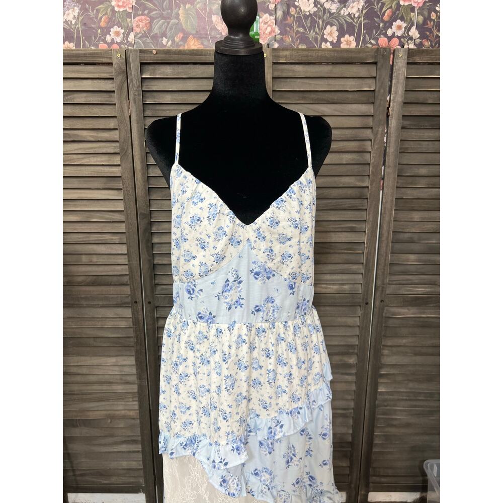 Francesca's Blue Floral Lace Tiered Midi Dress Cottagecore XL Adjustable - Picture 5 of 13